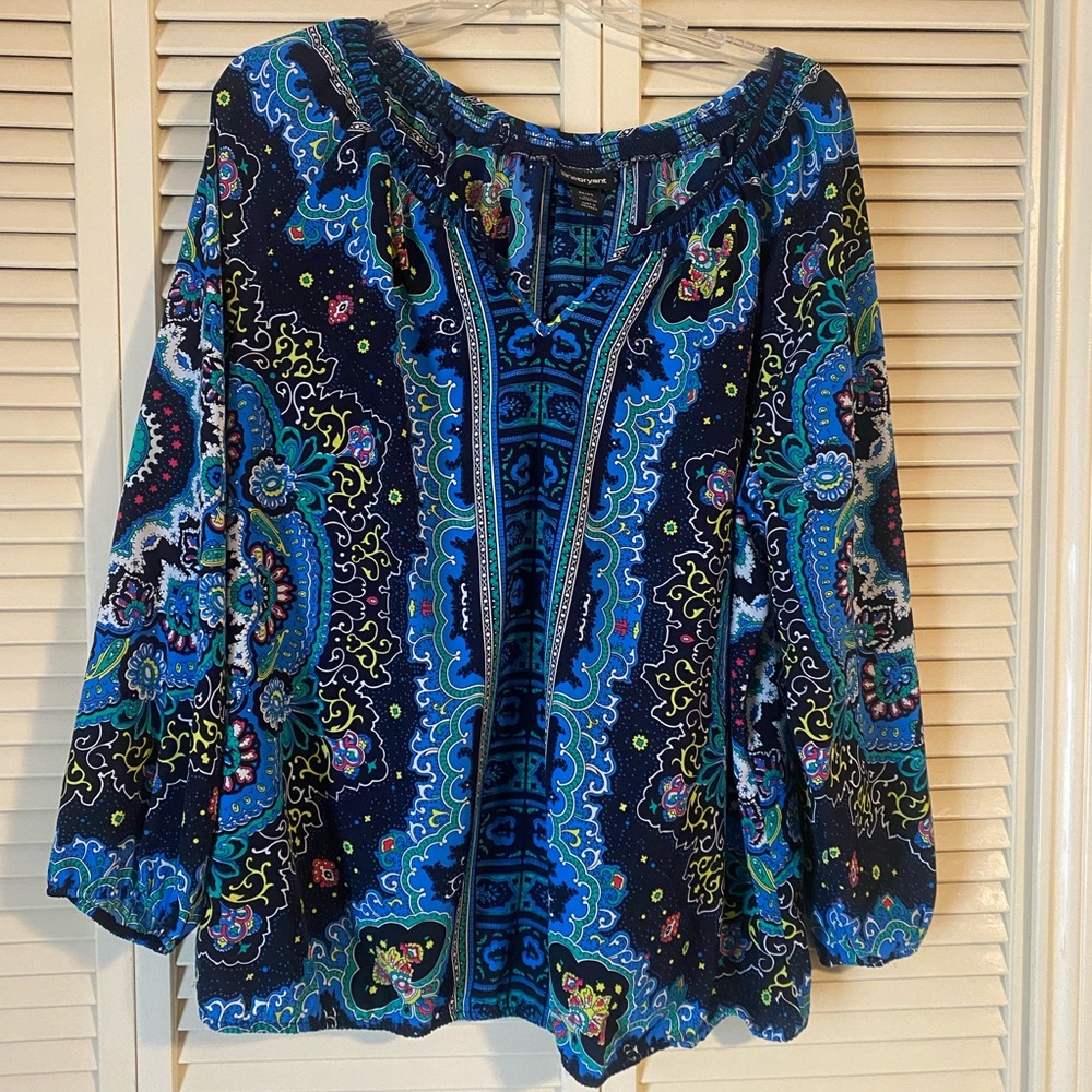 Lane Bryant blue and green design blouse